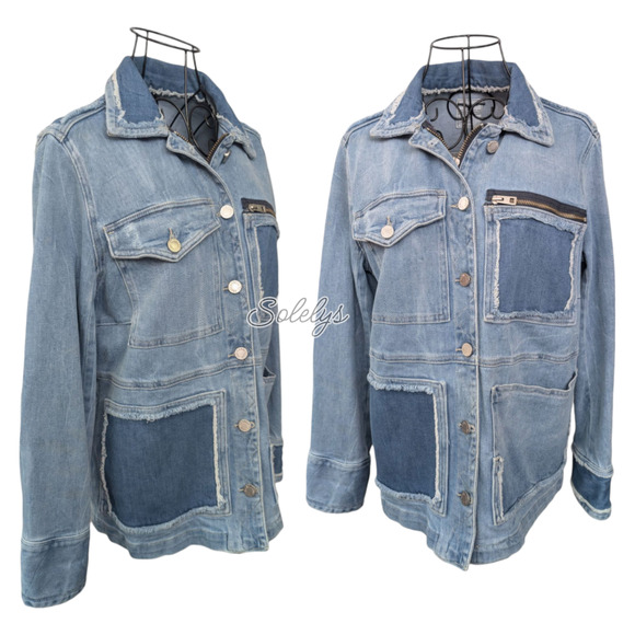 Zadig & Voltaire Kick Destroy Distressed Pocket Patchwork Blue Jean Denim Jacket - Picture 1 of 11